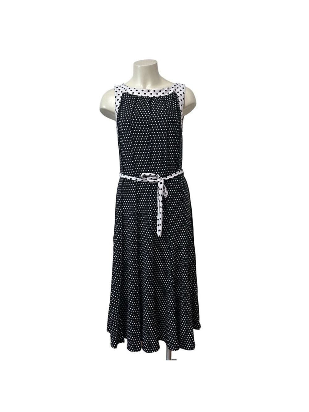 Haani Polka Dot Midi Dress Women’s L Black White Sleeveless Belted